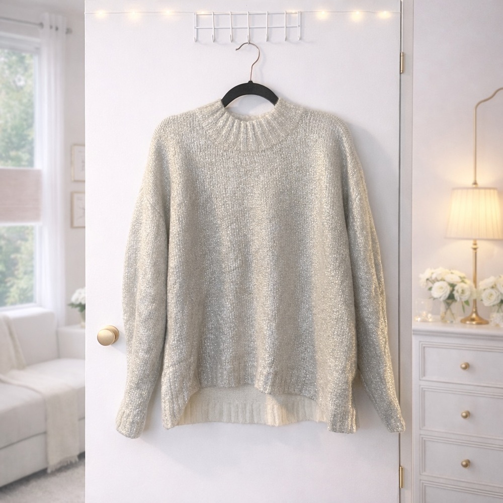 ✨ Pistola Shiny Alpaca Blend Bouclé Mock Neck Oversized Sweater Silver Size M